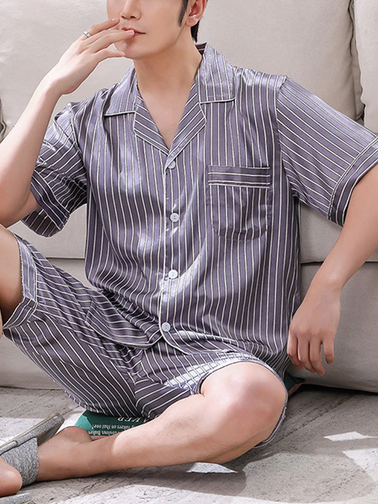 Men's Striped Satin Cool Pajamas Set(Mens Striped Satin Cool Pajamas Set) 10 Men's Striped Satin Cool Pajamas Set(Mens Striped Satin Cool Pajamas Set) - Image 10