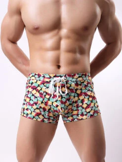 Men's Printed Skinny Swim Trunks With Drawstring(Mens Printed Skinny Swim Trunks With Drawstring)