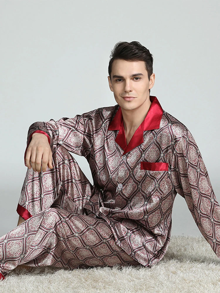Men's Print Sleepwear Silk Satin Pajamas Set(Mens Print Sleepwear Silk Satin Pajamas Set) 12 Men's Print Sleepwear Silk Satin Pajamas Set(Mens Print Sleepwear Silk Satin Pajamas Set) - Image 12