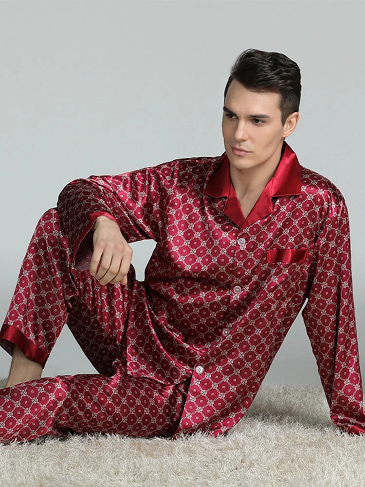 Men's Print Sleepwear Silk Satin Pajamas Set(Mens Print Sleepwear Silk Satin Pajamas Set) 6 Men's Print Sleepwear Silk Satin Pajamas Set(Mens Print Sleepwear Silk Satin Pajamas Set) - Image 6