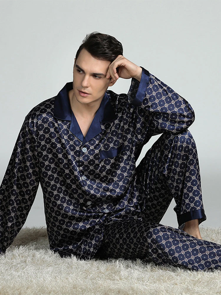 Men's Print Sleepwear Silk Satin Pajamas Set(Mens Print Sleepwear Silk Satin Pajamas Set) 9 Men's Print Sleepwear Silk Satin Pajamas Set(Mens Print Sleepwear Silk Satin Pajamas Set) - Image 9