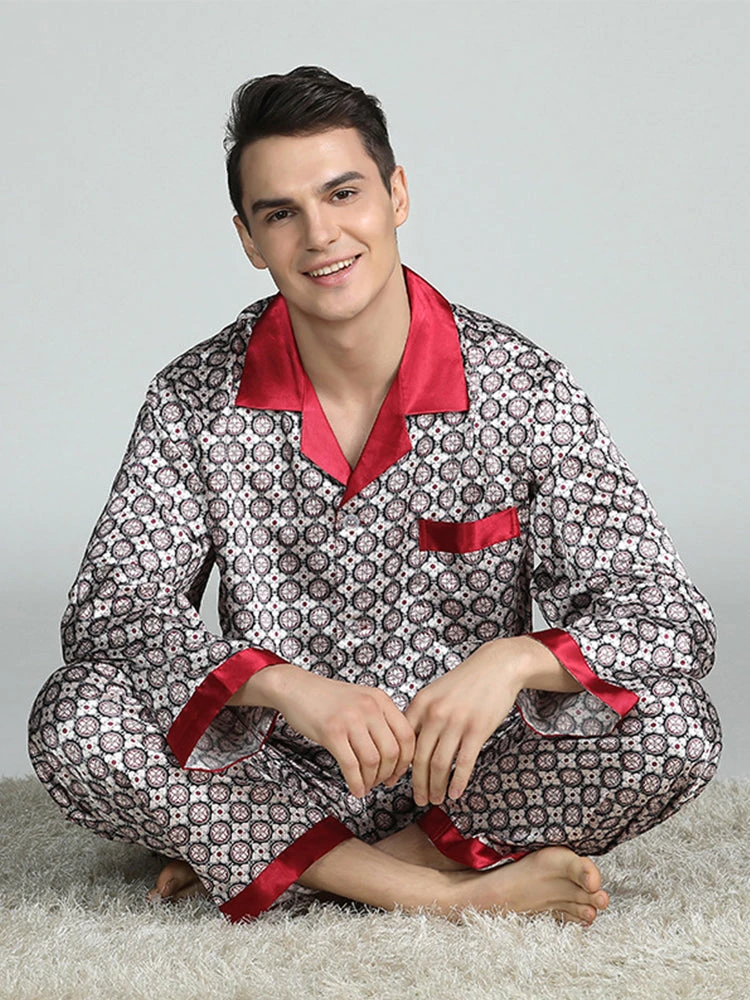 Men's Print Sleepwear Silk Satin Pajamas Set(Mens Print Sleepwear Silk Satin Pajamas Set) 3 Men's Print Sleepwear Silk Satin Pajamas Set(Mens Print Sleepwear Silk Satin Pajamas Set) - Image 3