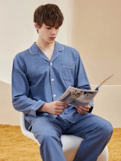 Men's Long Sleeve Woven Brushed Cotton Pajama Set(Mens Long Sleeve Woven Brushed Cotton Pajama Set) -Mr Saker 1 2 7145a9ef e126 48e3 8f6a 83c1847ef30c