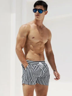 Men's Stripe Drawstring Swim Board Shorts(Mens Stripe Drawstring Swim Board Shorts)