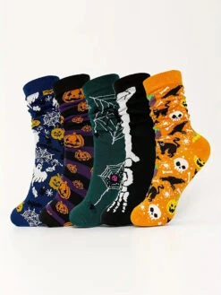 5 Pack Skull Pumpkin Cartoon Print Casual Crew Socks(5 Pack Skull Pumpkin Cartoon Print Casual Crew Socks)