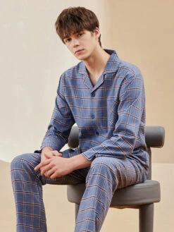 Men's Long Sleeve Woven Brushed Cotton Pajama Set(Mens Long Sleeve Woven Brushed Cotton Pajama Set) -Mr Saker f10c5e7636d46b3b3bea443f3729615f