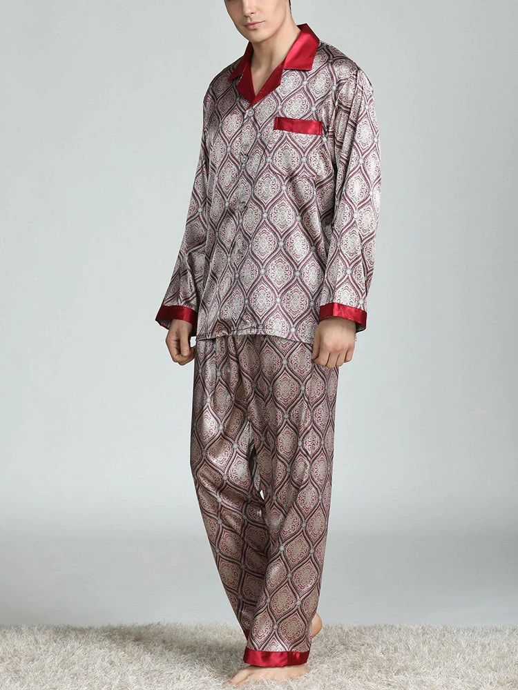 Men's Print Sleepwear Silk Satin Pajamas Set(Mens Print Sleepwear Silk Satin Pajamas Set) 4 Men's Print Sleepwear Silk Satin Pajamas Set(Mens Print Sleepwear Silk Satin Pajamas Set) - Image 4