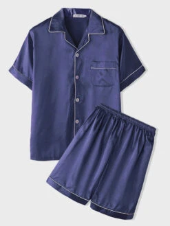 Men's Button Down Satin Pajama Set(Mens Button Down Satin Pajama Set) -Mr Saker navy de89df67 90f7 4dd0 bd74 fa76eb50d9ec